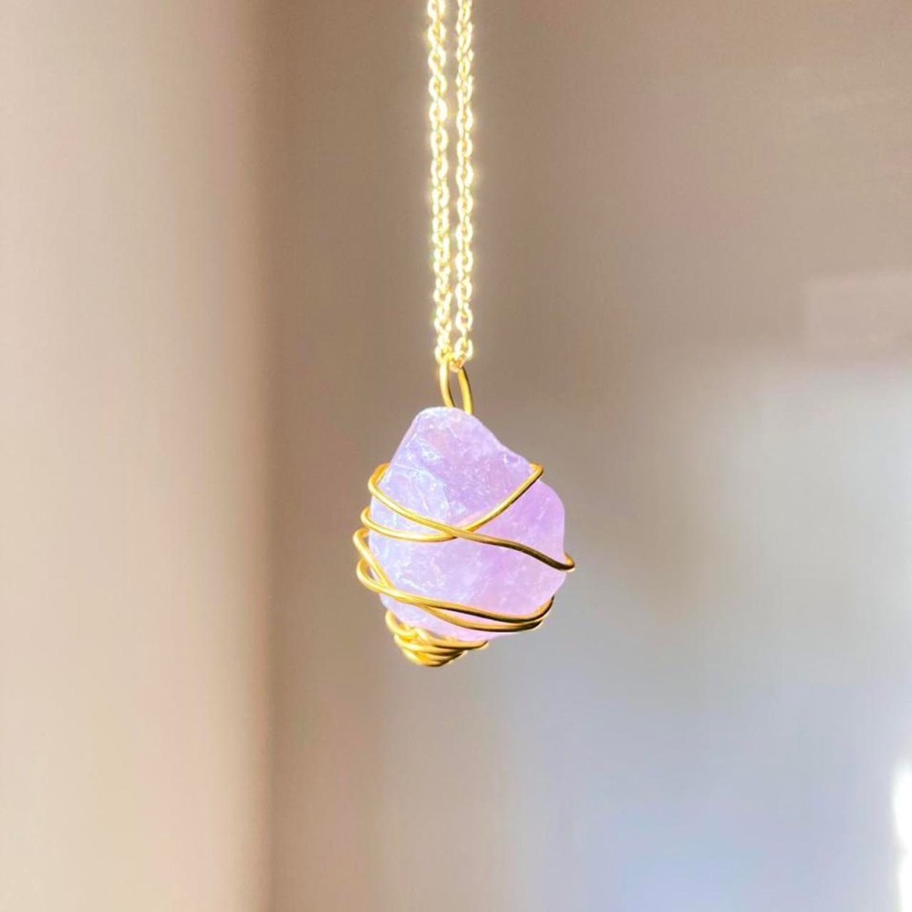 Rare light amethyst crystal gold wire wrapped chain necklace